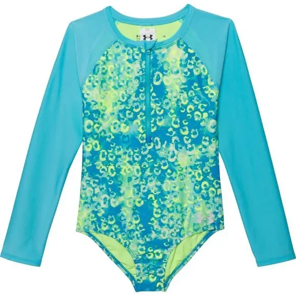 Under Armour Shadow Cheetah Paddleboard Swimsuit Girls 16 Blue Long Sleeve NEW - Picture 1 of 6